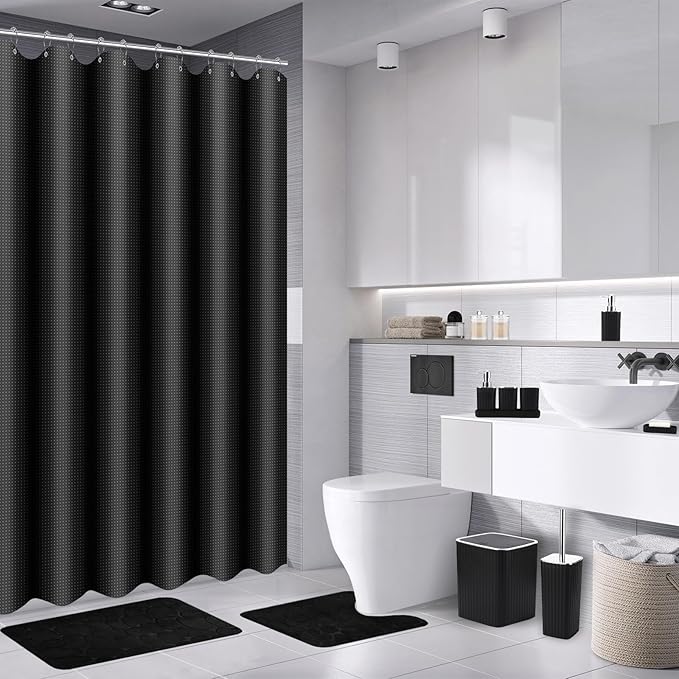 Bathroom Accessories Set - 25PC Black Bathroom Set, Bathroom Set with Shower Curtain and Rugs, Black Shower Curtain Set & Bathroom Rugs