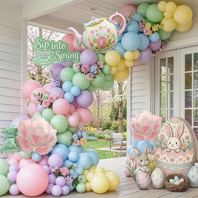 Green and Pink Balloon Garland 138Pcs Pastel Green Pink and Purple Balloons Arch Kit with Teapot Foil Balloon for Spring Tea Party Lets Partea Baby Shower Happy Easter Birthday Party Decorations