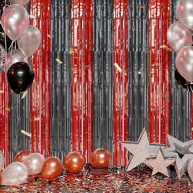 2 Pack Foil Fringe Backdrop - Red&Black Shiny Tinsel Curtains for Party Decoration/Photo Booth Props - 3.3x6.6 FT Metallic Foil Backdrop for Birthday, Wedding, Graduation, Christmas.