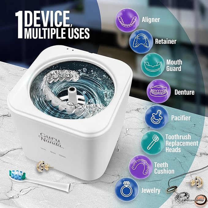 GuruNanda Retainer & Aligner Cleaning Pod for Retainers, Dentures, Mouthguards, Aligners, & Jewelry, 3 Modes, 45kHz Ultrasonic Retainer Cleaner, 190 ml capacity
