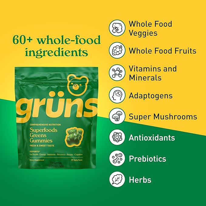 Gruns Adults Super Greens Multivitamin Gummies, Superfood Vitamin Gummy Bears with Spirulina, Chlorella, Prebiotic Fiber for Digestive Health, Adaptogens Supplement, 20 Vitamins & Minerals, 28 Count