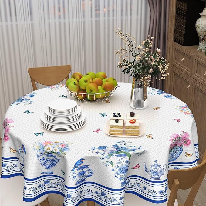Spring Summer Round Tablecloth Blue Vase Floral Circle Table Cloth 60 Inch Chinoiserie Farmhouse Table Cover Washable Polyester Indoor Decorations for Home Kitchen Dinning Party
