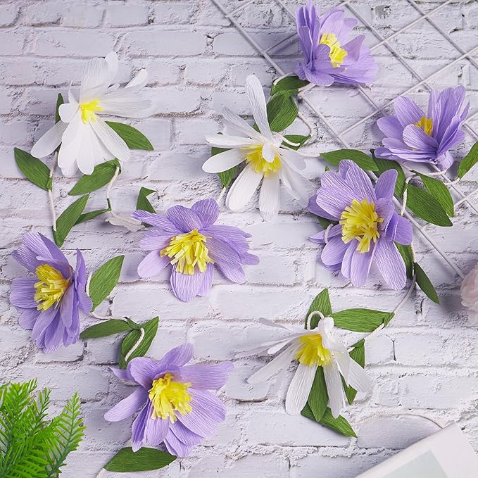2PCS Paper Flower Garland, Paper Leaves Banner Vine Flowers with Green Leaves Crepe Flower Garland Decorations for Wall Anniversary Wedding Birthday Arch Decor-Purple