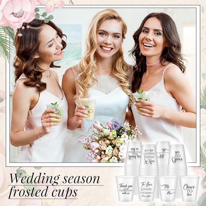 Yungyan 100 Pcs Wedding Frosted Plastic Cups Bulk 12 oz Clear Wedding Cups for Reception Disposable Cheer to Love Bridal Shower Bachelorette Party Supplies