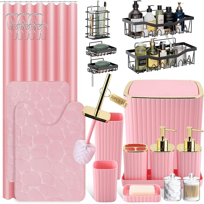 30PC Bathroom Accessories Set - Gorgeous Pink Bathroom Set, Bathroom Accessory Set, Pink Shower Curtain Set with 5PC Shower Caddy