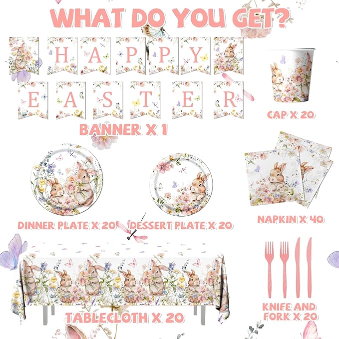 Easter Bunny Decorations-142Pcs Floral Bunny Tableware Happy Easter Plates and Napkins Kit Vintage Rabbits Spring Party Supplies for Kids