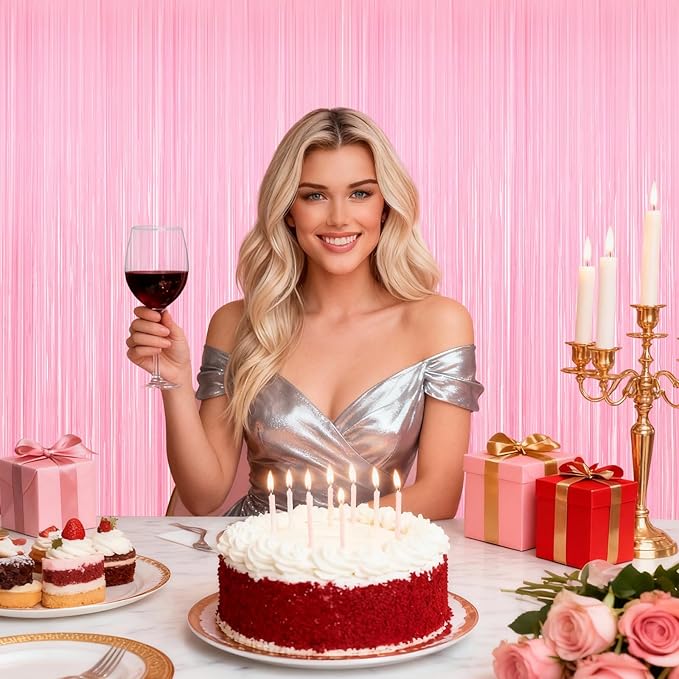 2Pack Pink Foil Curtain Pastel Pink Backdrop Streamers, Door Streamers Photo Booth Backdrop for Birthday Wedding Party, Metallic Tinsel Foil Fringe Curtains for Bachelorette Xmas Party Decorations