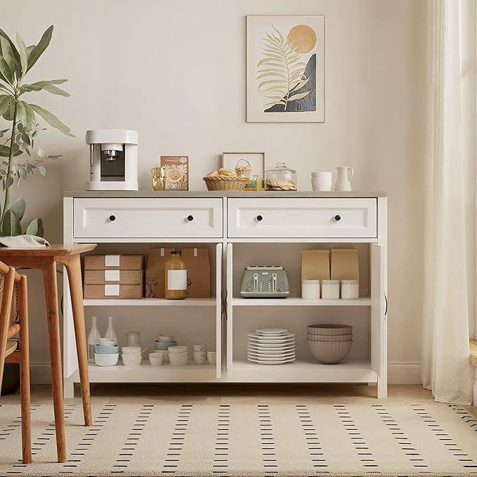 Gizoon Farmhouse Kitchen Sideboard Buffet Cabinet with Storage, Wood Coffee Bar and Storage Sideboard with Drawers and Doors for Kitchen, Dining Room, 15.7" D x 55.1" W x 35.3" H, White/Grey