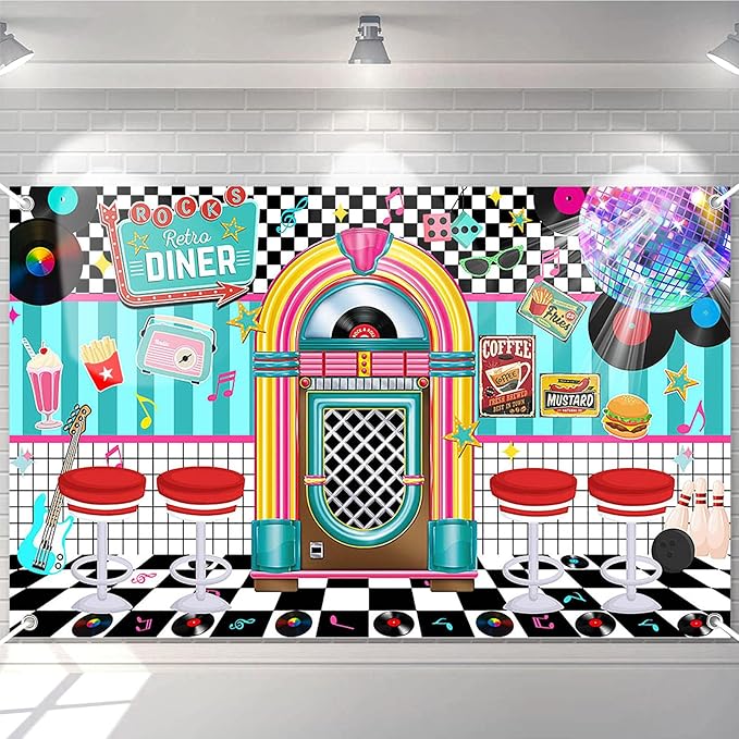 Avezano 50s Retro Diner Party Backdrop 50s Retro Rock and Roll Diner Classic Decoration Banner 1950s Sock Hop Party Decor 70.8 x 43.3 Inch