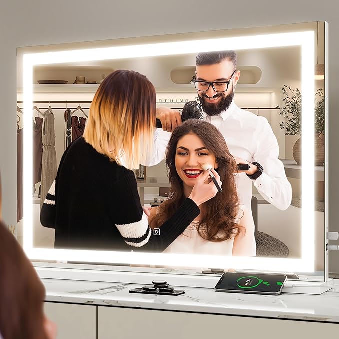 Vanity Mirror with Lights, 32" x 22" Large Lighted Vanity Mirror with Dimmable 3 Modes, LED Makeup Mirror, USB Charging Port, Tabletop or Wall-Mounted Square White