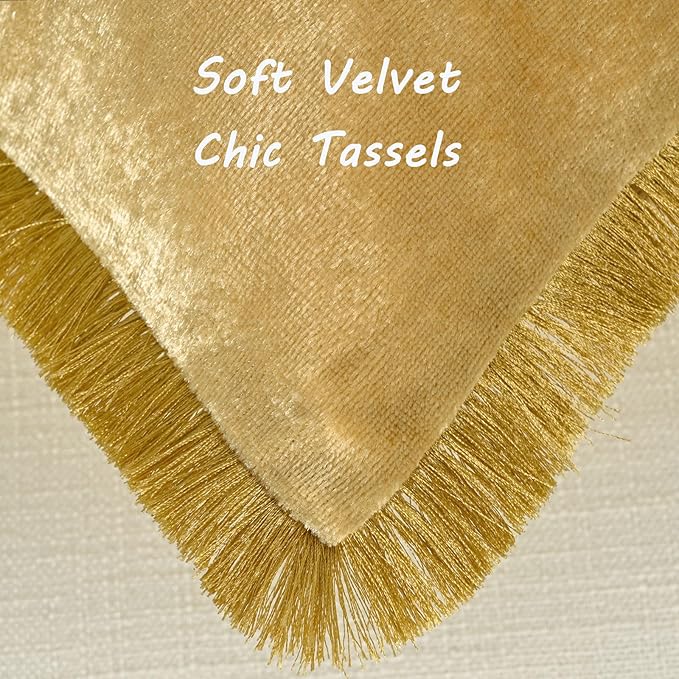 FUTEI Christmas Gold Velvet Decorative Throw Pillow Covers 12x20 Set of 2,Soft Cozy Edge with Tassels Lumbar Pillow Cases,Boho Modern Home Decor for Couch Bed Living Room