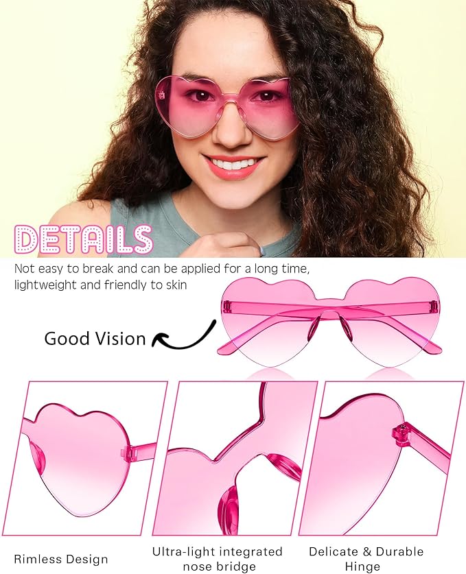Frienda 8 Pairs Heart Shaped Sunglasses for Women Rimless Heart Glasses Candy Color Sunglasses for Party Favor