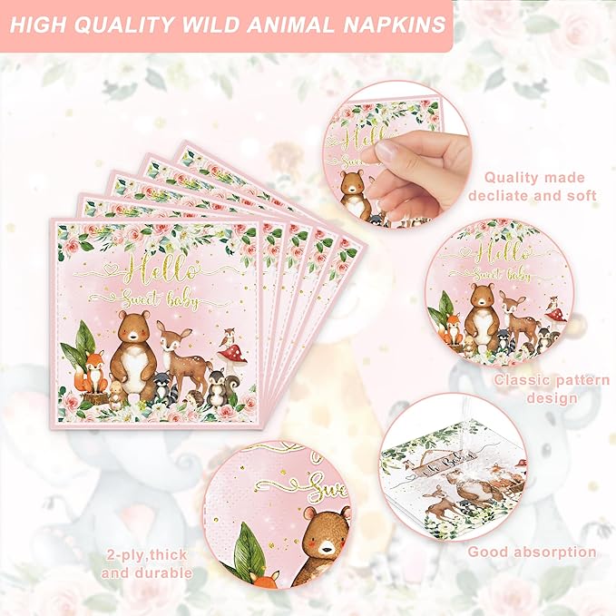120PCS Woodland Party Supplies for Girls Baby Shower Pink Wild Animal Decorations Plates Napkin Cups Forks Knives Tableware Set for 20 Guests