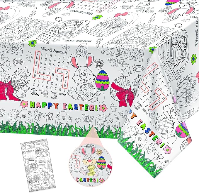 1 Pack Happy Easter Coloring Tablecloth for Kids - Giant Easter Color-in Paper Poster, Rectangle Easter Bunny Activity Coloring Table Cloth for Spring Easters Party Decorations Favors, 54 x 108 Inch