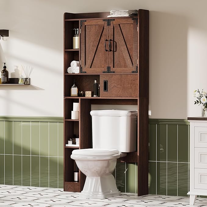 ChooChoo Over The Toilet Storage Cabinet, Farmhouse Bathroom Storage Cabinet with Sliding Door, Over Toilet Storage with Adjustable Shelves, Space-Saving, Walnut