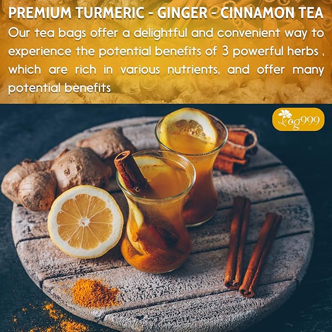 TOG999, 15 Turmeric, Ginger, Cinnamon Tea Bags, 100% Natural, Hand-made Blend of Turmeric, Ginger, and Cinnamon. Eco-conscious Tea Bags. No Sugar, No Caffeine, No Gluten, Vegan.