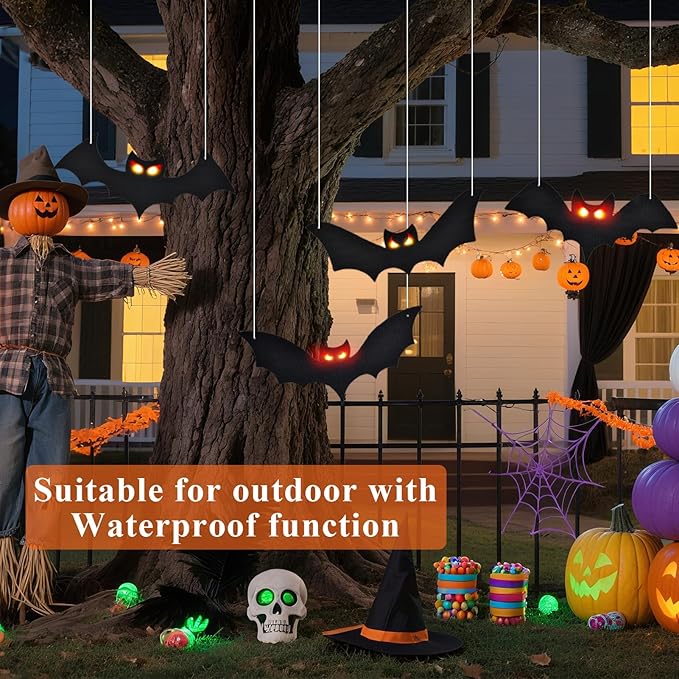 Lighted Halloween Hanging Bats, 4 Packs Halloween Decorations Outdoor Scary Large Black Hanging Flying Bat with LED Lights Spooky Glow Eyes Waterproof for Yard Sign Window Wall Decor Indoor Clearance