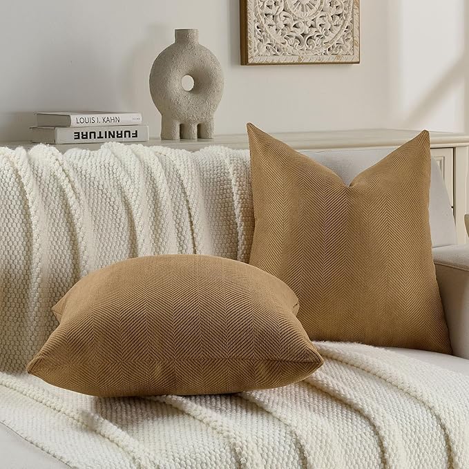 FUTEI Camel Chenille Throw Pillow Covers 18x18 Inch Set of 2,Soft Wide Chevron Textured Cushion Case,Farmhouse Home Decor for Couch Bed Living Room