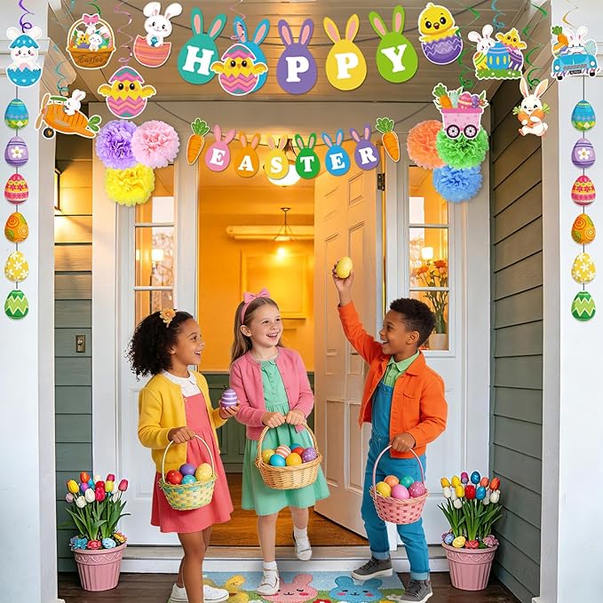 25Pcs Easter Decorations Set with Happy Easter Banner, Easter Egg Garland, Pompoms & Hanging Swirls for Home, Classroom, Easter Party Decorations Indoor