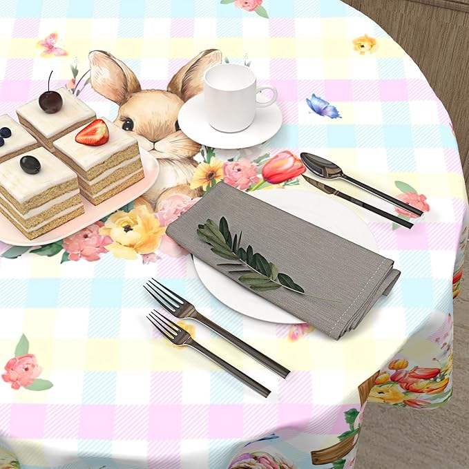 Easter Rabbit Round Tablecloth Pink Blue Pliad Circle Table Cloth 60 Inch Farmhouse Floral Table Cover Washable Polyester Indoor Decorations for Home Kitchen Dinning Party