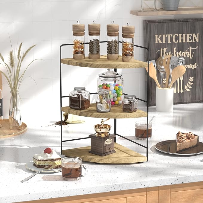 ZGO 3-Tier Bathroom Organizer - Countertop & Corner Organizer, Makeup & Skincare Storage, Kitchen Counter Shelf - Wood
