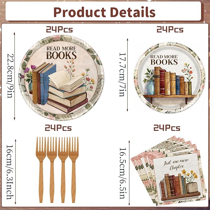Rakuto Book Themed Party Tableware Decorations, 96PCS Book Club Paper Plates Napkins and Forks, Library Reading Club Party Decor, Serve 24