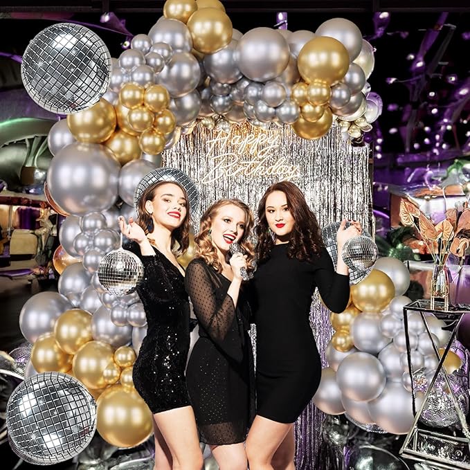 124Pcs Silver and Gold Garland Balloons Metallic Balloon Arch Kit Chrome Silver balloon Disco Ball decorations for Disco Party 60th Birthday Graduation NYE 2026 New Year Party