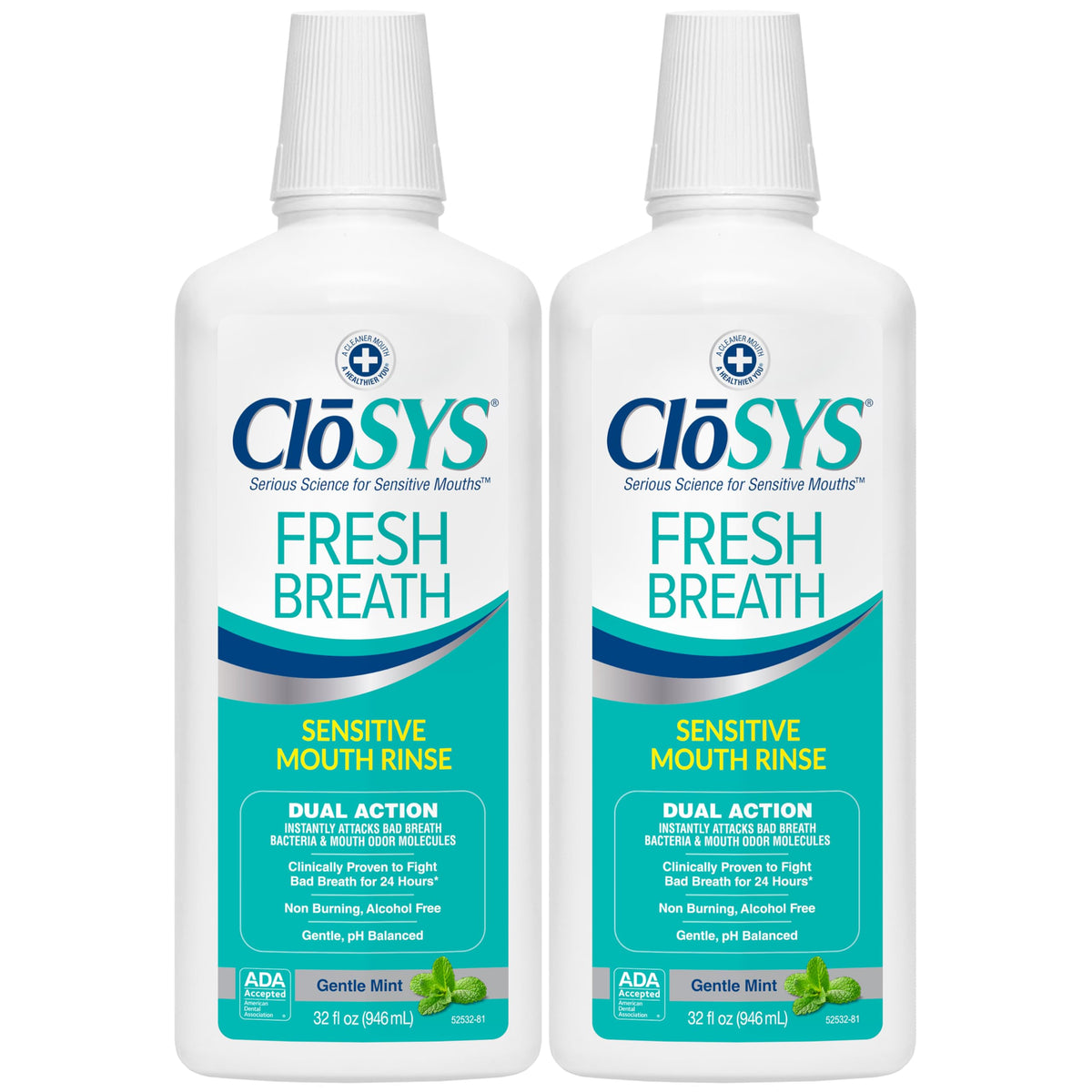 CloSYS Mouthwash, 32 Ounce, 2 Count, Fresh Breath Mouthwash, Gentle Mint, Alcohol Free, Dye Free, pH Balanced Mouth Wash, Helps Soothe Entire Mouth, Fights Bad Breath