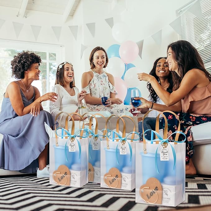 56Pcs Baby Shower Prizes for Game Winners Baby Shower Favors Gifts including Plastic Tumbler Notebook Scented Candles Ballpoint Pen Mirrors with Hair Brushes Bracelet Gift Bag (Blue)