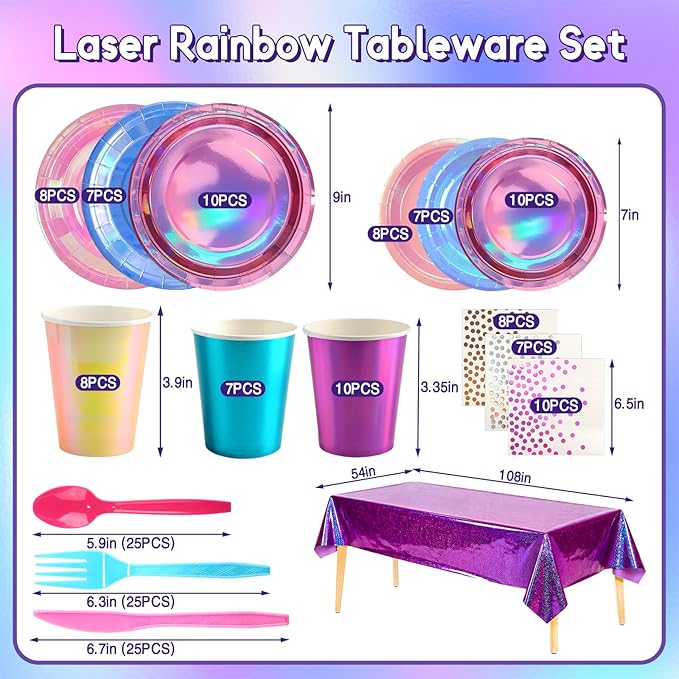 Iridescent Plates and Napkins Party Supplies Set for 25 Guests,Purple Disposable Tablecloth,Disco Style Plates for Birthday & Trendy Celebrations