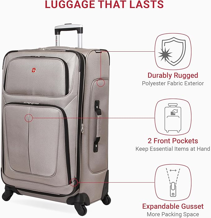 SWISSGEAR Sion Softside Expandable Spinner Luggage Durable Lightweight Travel Suitcase, Pewter, Checked-Large 29-Inch