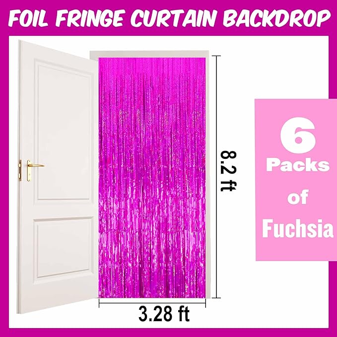 6 Pack Fuchsia Foil Fringe Curtains Backdrop, 3.28 x 8.2 Ft Metallic Streamers Tinsel Curtains Background for Photo Booth, Birthday, Christmas, Halloween, Thanksgiving, New Year Party Decorations