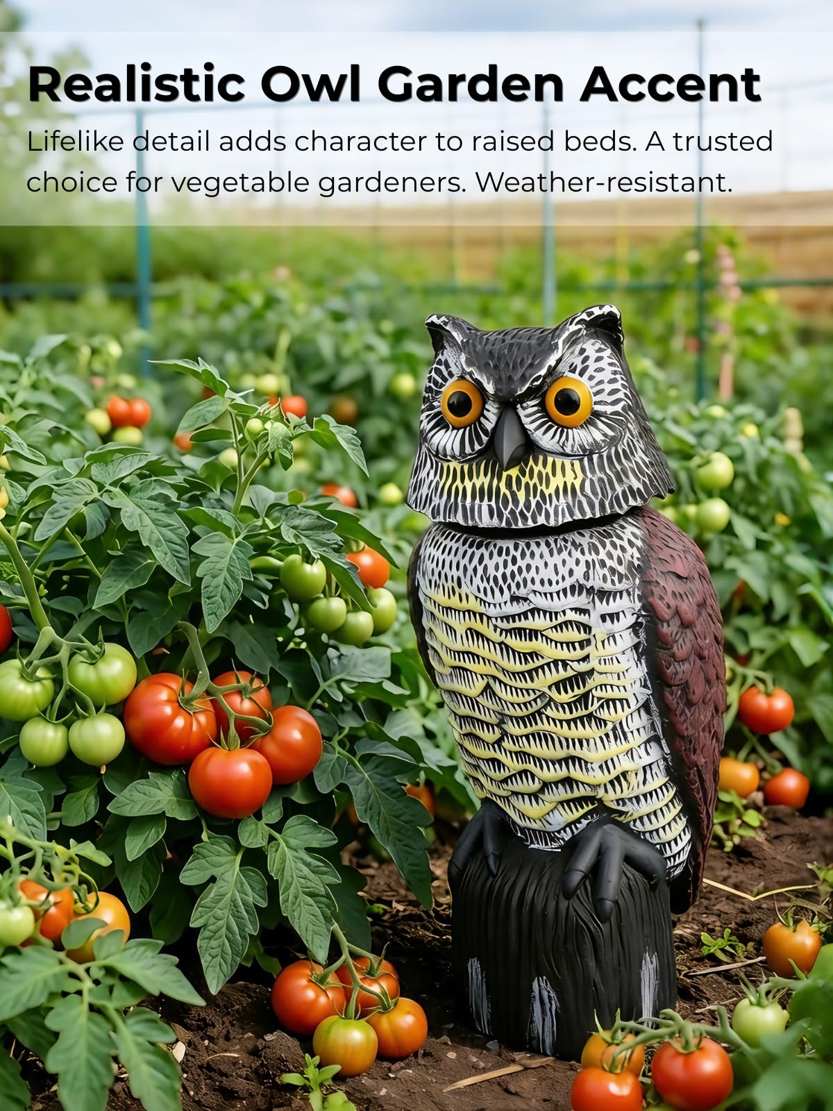 Garden Fake Owl Sculpture with 360° Rotating Head, Waterproof Garden Owl