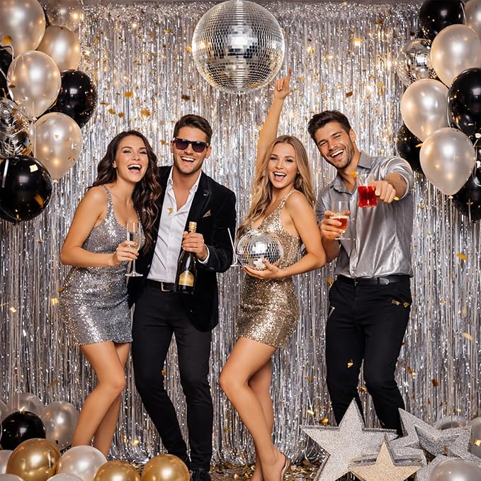 jijAcraft 3 Pack Metallic Silver Tinsel Foil Fringe Curtain, Party Photo Backdrop for New Year’s Eve Weddings Disco Theme Graduation Bachelorette Birthday Baby Shower Party Gender Reveal Decorations