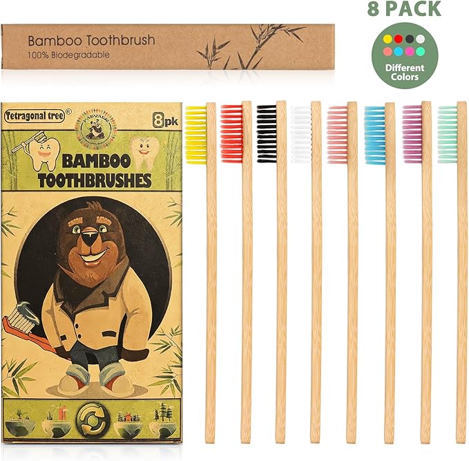 8 Count Bamboo Toothbrushes - BPA Free Soft Bristles Natural Toothbrush Set - Biodegradable & Compostable Eco-Friendly Wooden Toothbrush