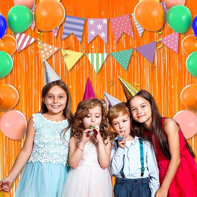 6 Pack Macaron Orange Foil Fringe Curtains Backdrop, 3.28 x 8.2 Ft Metallic Streamers Tinsel Curtains Background for Photo Booth, Birthday, Christmas, Halloween, New Year Party Decorations