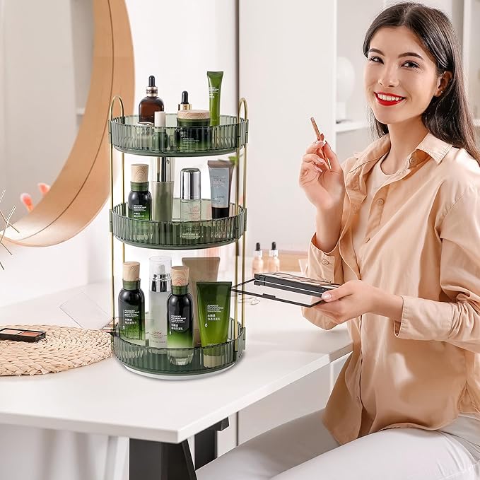 Rotating Makeup Organizer for Vanity, Perfume Skin Care Organizers Large, Bathroom Counter Make Up Cosmetic Storage, Clear Spinning Skincare Lipstick Holder,3 Tiers, Green