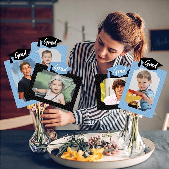 Big Dot of Happiness Light Blue Graduation Photo Display Centerpiece Kit - 15 Double-Sided Photo Table Topper Sticks, Vertical and Horizontal 4x6 Picture Holders, DIY Party Decoration Set