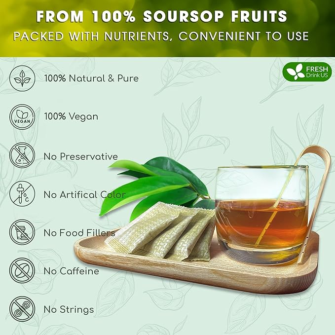 FreshDrinkUS, 60 Premium Soursop Graviola Fruit Tea Bags, 100% Natural and Pure from Soursop Fruits, Made With Natural Materials-Corn Fiber Tea Bag, Sugar/Caffeine/Gluten Free, Hoja Guanabana Tea