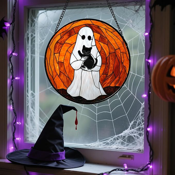 Stained Glass Window Hanging - Halloween Cute White Ghost Black Cat Suncatcher for Doors Garden Home Spooky Orange Sun Catchers Gothic Decor Horror Gift for Women Men Friend Boy Girl 7.8 in