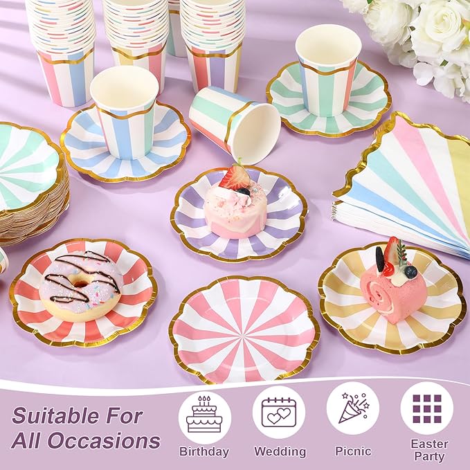 Yungyan 216 Pcs 72 Guest Pastel Party Plates and Napkins Gold Foil Scalloped Edge 6" Paper Dessert Plates and Striped Pastel 9 oz Cup Disposable Tableware Set for Birthday Wedding Baby Shower Supplies