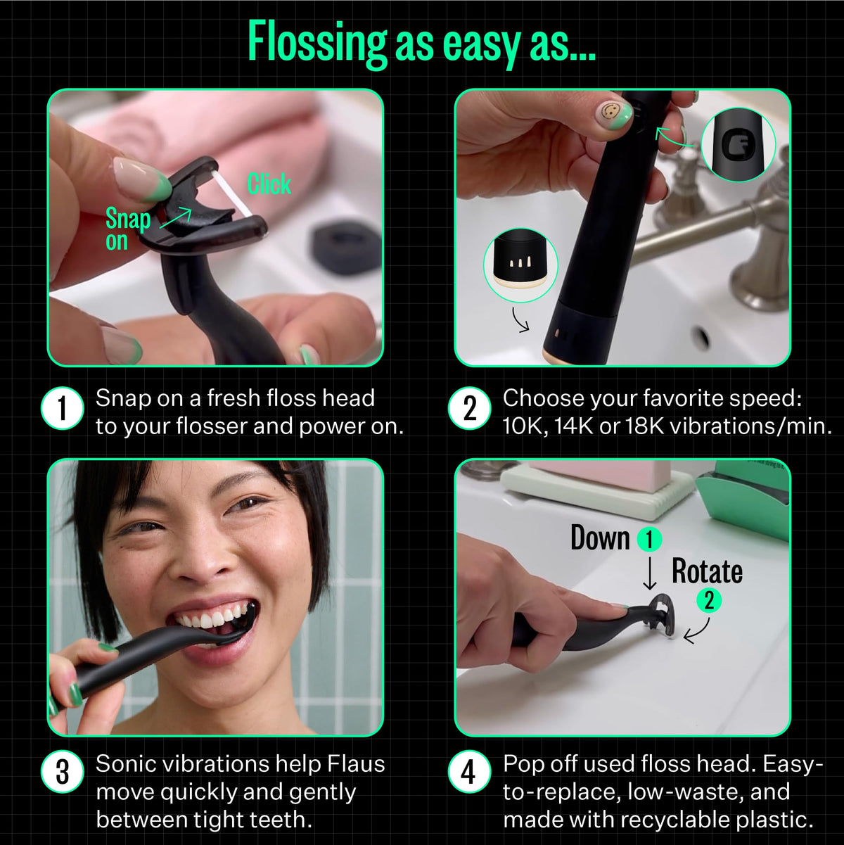 FLAUS Electric Flosser (Extra Strength Woven) - Shark Tank + Oprah's List - Water Floss Alternative - Plaque Remover for Adult- Easy Vibration Flossing - Safe Portable Gum + Teeth Cleaning Tool