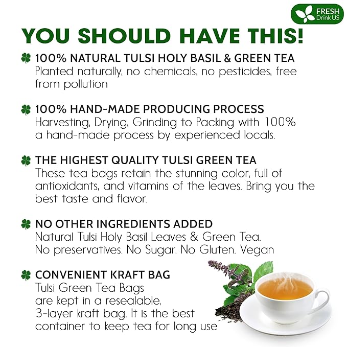 FreshDrinkUS, Premium 30 Tulsi Green Tea Bags, 100% Natural, Blend of Tulsi Holy Basil Leaves, and Green Tea Leaves. Made with Natural Material Tea Bags. No Sugar, Vegan.