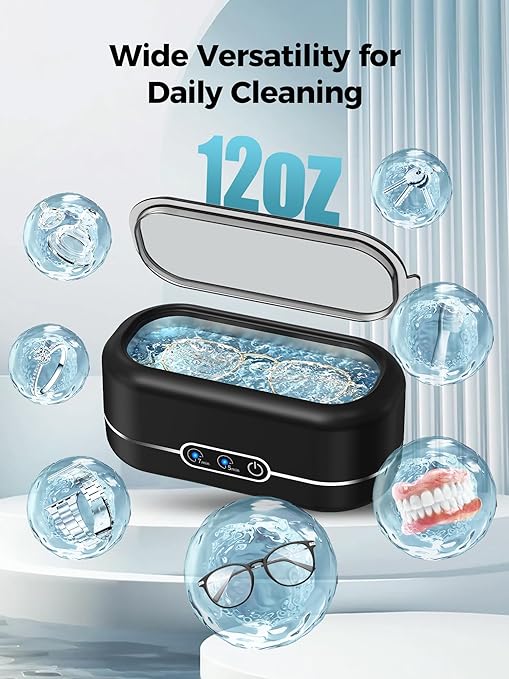 Ultrasonic Jewelry Cleaner, 48KHz Ultrasonic Cleaner Machine for Jewelry, Glasses, Rings, Retainers, Watch Strap, Dentures, 304 Stainless Steel 12oz Cleaning Pod - Black