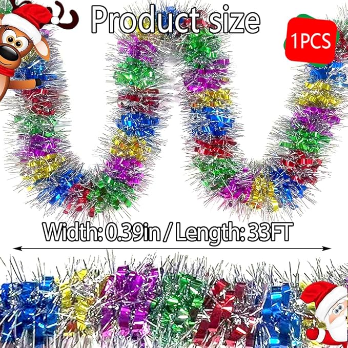 33Ft Long Tinsel Twist Garland Shiny Thick Metallic Foil Xmas Tree Decorations for Birthday Party Christmas New Year Parties Parade Floats and Other Holidays Hanging Decor Supplies-(Colours+Silver)