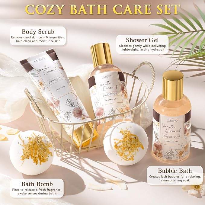 Birthday Gifts for Women, Vanilla Coconut Relaxing Spa Gift Baskets for Women Self Care Package Bath Gift Set, Home Bath and Body Kit Pamper Valentines Day Gifts for Her Womens Mom Friends Sister Wife