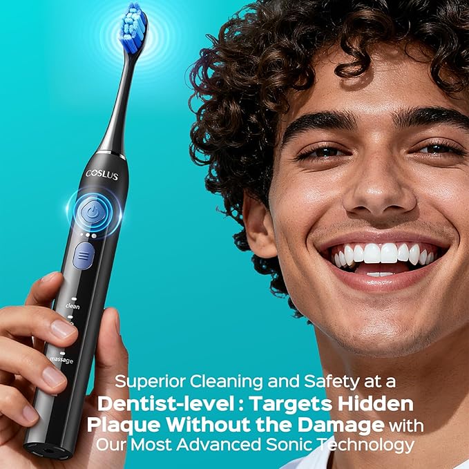 COSLUS Sonic Electric Toothbrush for Adults & Kids: 3 Intensities & 5 Modes Gum-Friendly for Deep Cleaning & Whitening - 2 Types of Heads for Family, Sensitive Teeth, Brace, Black & Pink, 2PCS