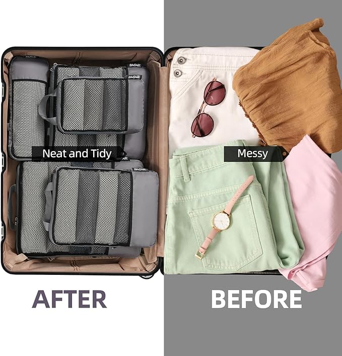 BAGAIL 4 Set/6 Set/8 Set Compression Packing Cubes Travel Accessories Expandable Packing Organizers (Half Mesh, 6-Dark Grey)