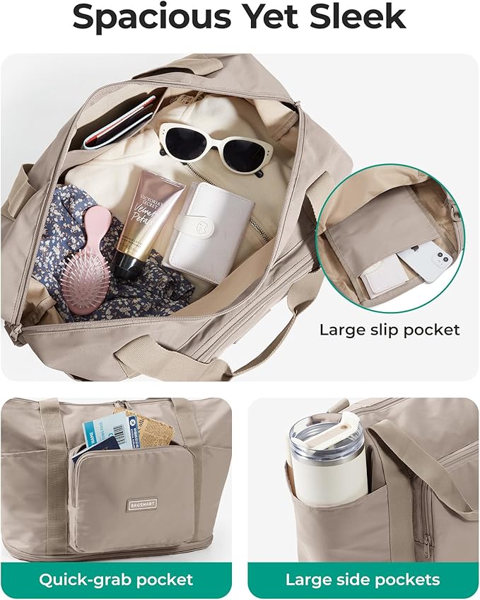 BAGSMART Foldable Travel Bag, 37L Expendable Personal Item Bag, Lightweight Weekender Bags for Women, Water Resistant Extra Carry on for Travel, Chocolate