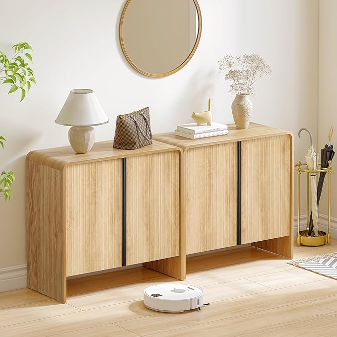 BERRYMERRY 2 Door Fluted Sideboard Buffet Cabinet with Storage, Modern Wood Cabinet with Adjustable Shelves for Living Room, Dining Room (Light Wood 6 Doors)